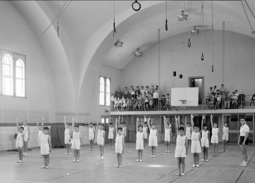 Gymnastics at the Jerusalem YMCA - boys' drill in the gymnasium, 1934-39