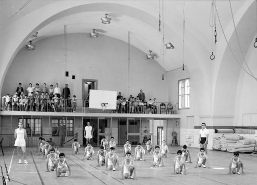 Gymnastics at the Jerusalem YMCA - boys' drill in the gymnasium, 1934-39